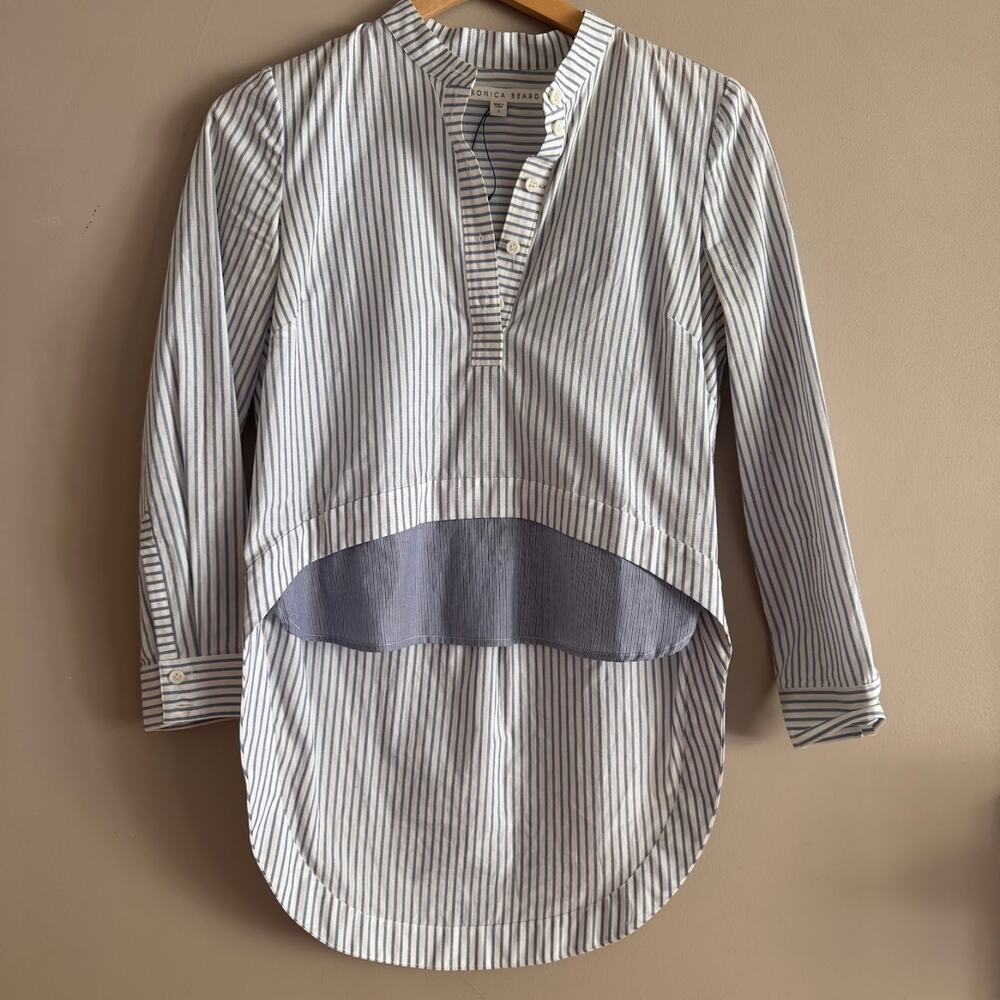 Veronica Beard Blue and White Striped Button Front Tunic Shirt High-Low Size 0